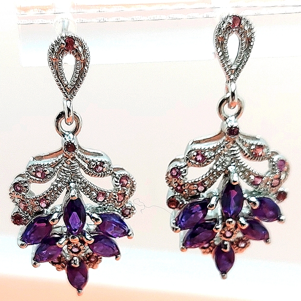 Natural Amethyst‎ 6x3mm & Rhodolite Garnet 925 Sterling Silver Earrings